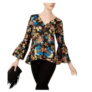 INC Floral Bell Sleeve V-Neck Peasant Blouse Top Size Large Petite